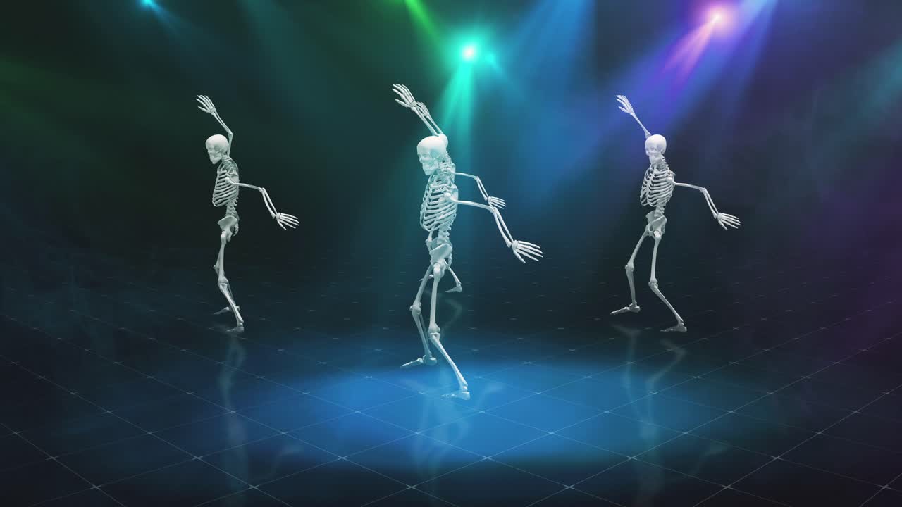 scheletri danzanti sotto luci colorate