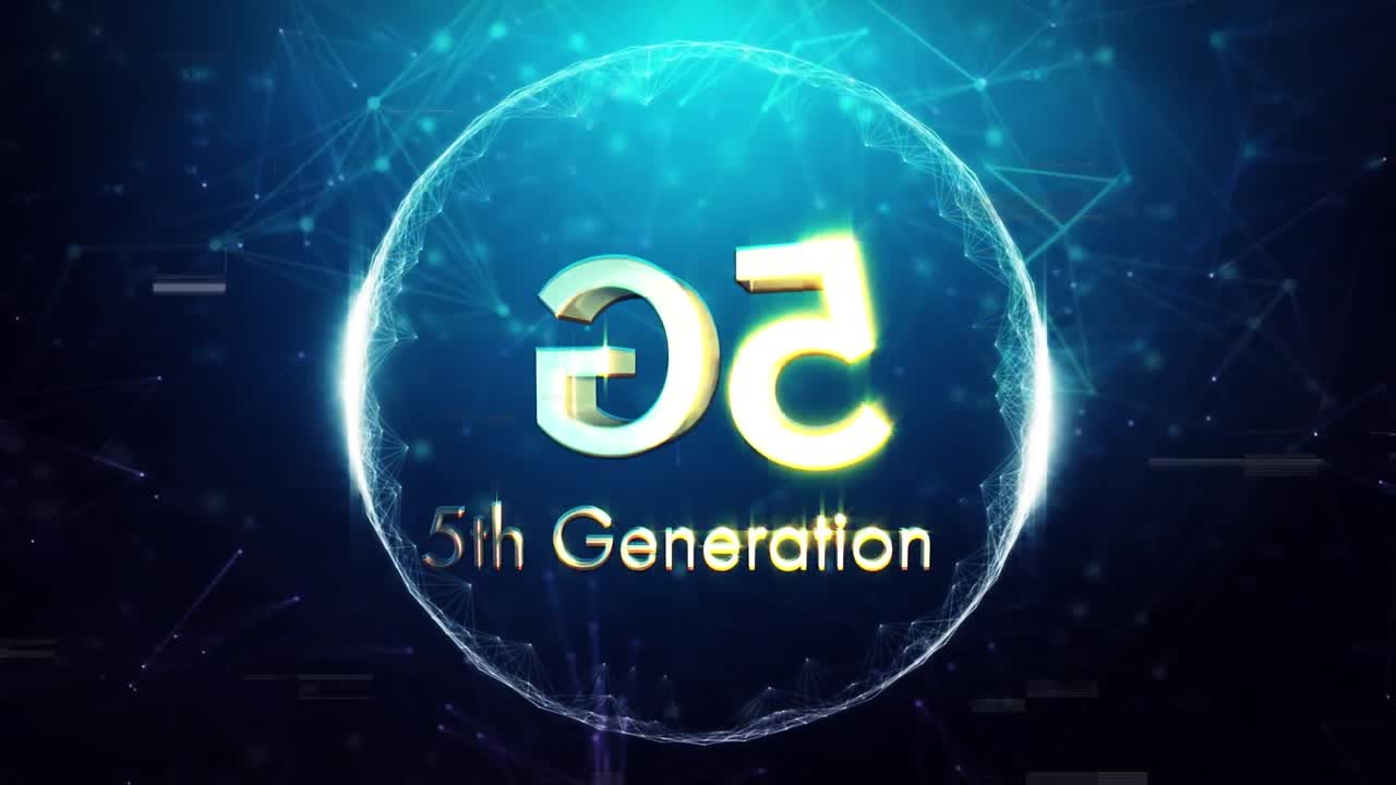 애니메이션은 파란 공간에서 오류와 삼각형으로 원을 회전하는 5g를 이동