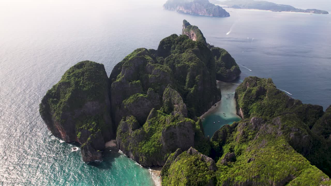 Koh Phi Phi Lee panoramic aerial of Maya Bay and Phi Leh Bay. High quality 4k footage