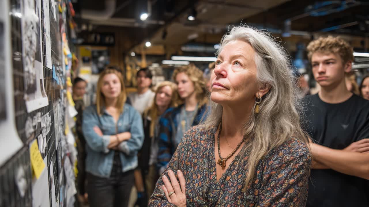 Uma observação ponderada: mulher atraente estuda obra de arte com o jovem público cativado em um ambiente criativo de inspiração e reflexão