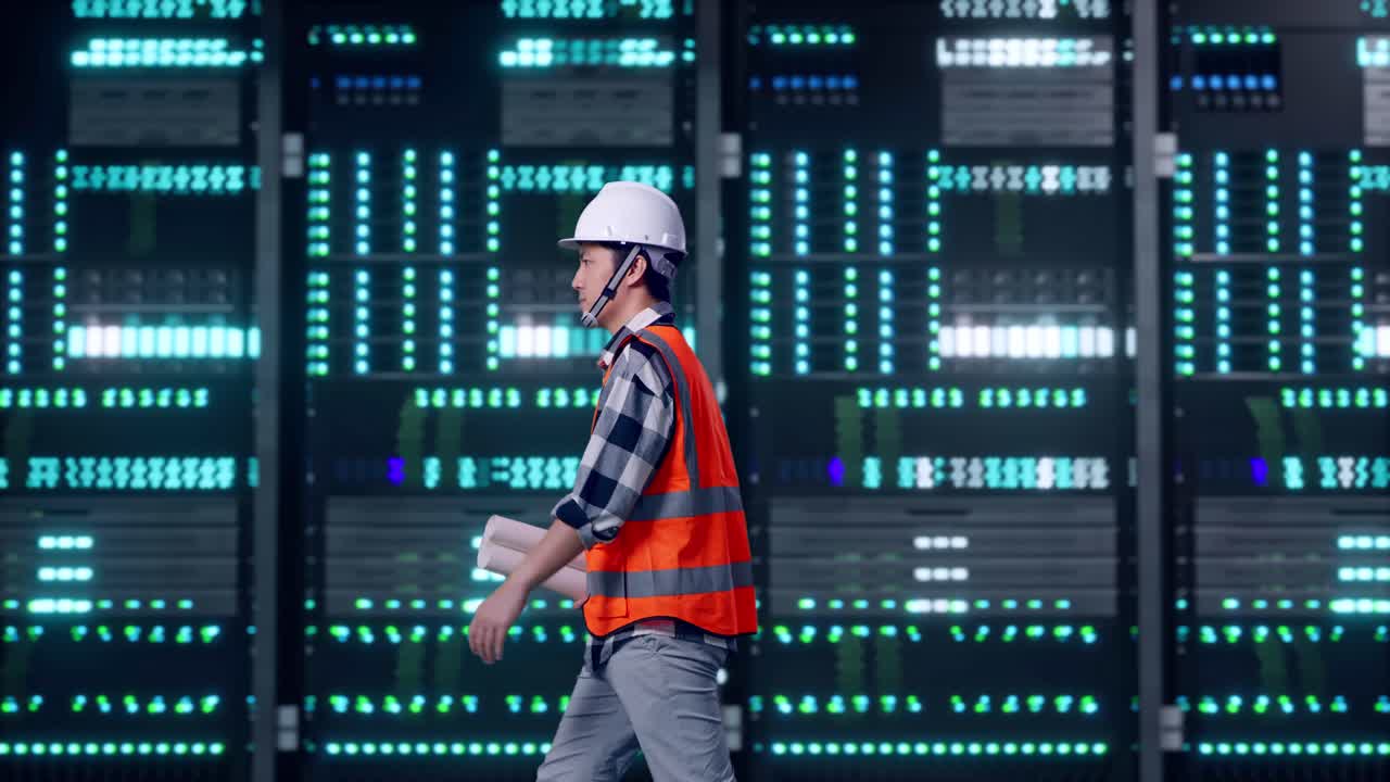 Side View of Asian Male Engineer Holding Blueprint While Walking in Server Room Data Center