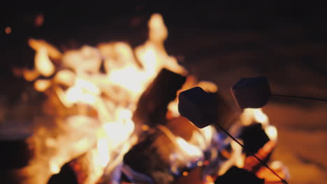 fry marshmallow over a fire close-up in the frame you can see only sticks with marshmallows