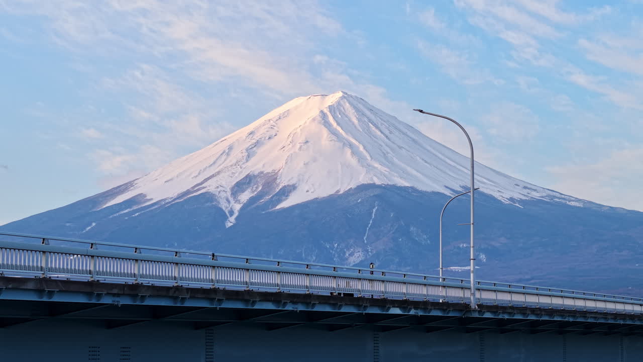 Aerial drone view of the Kawaguchiko-Ohashi bridge near the Fujikawaguchiko town in Japan with Mount Fuji on the background