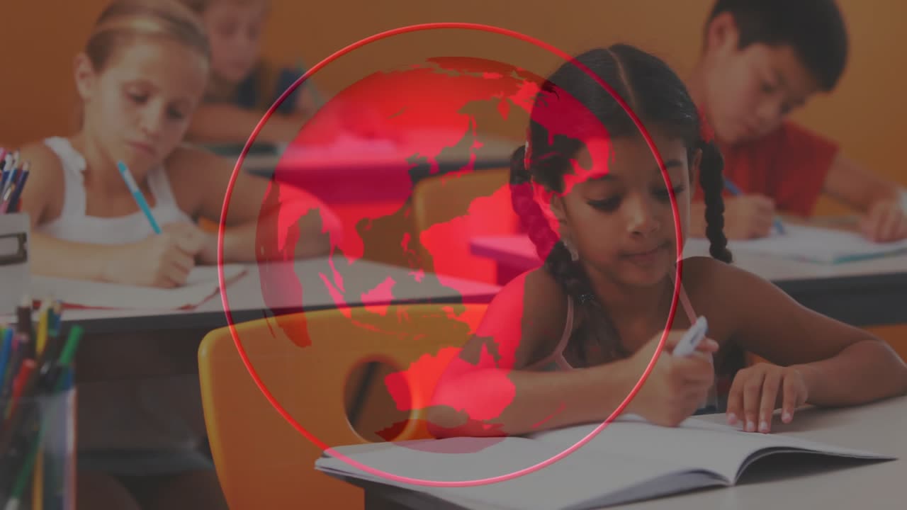 Students writing in notebooks in school, faint red globe appearing and rotating to show geography