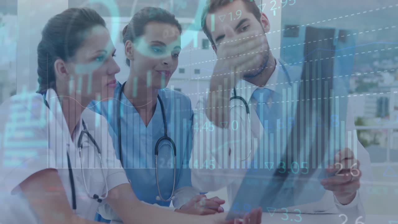 다양한 의사가 환자를 검사하는  ⁇ 스레이에 대한 숫자를 가진 여러 그래프의 애니메이션