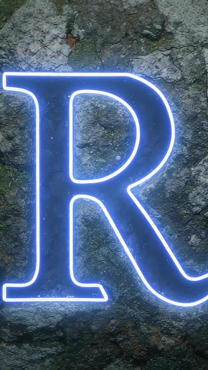 Vertical video: Appearing neon uppercase R flickering brightening on mossy stone wall, casting glow