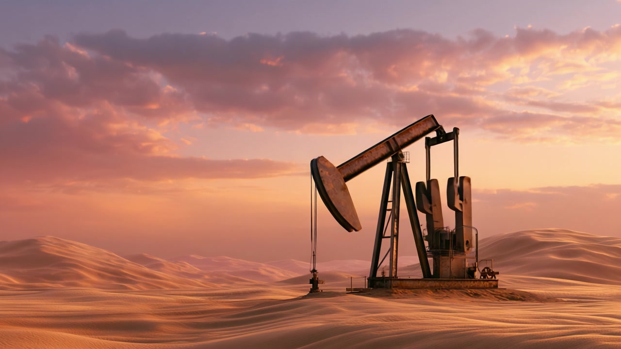 A striking view of an oil pumpjack extracting resources in a vast desert landscape at sunset, showcasing the interplay of industrial machinery and natural beauty in a serene environment.