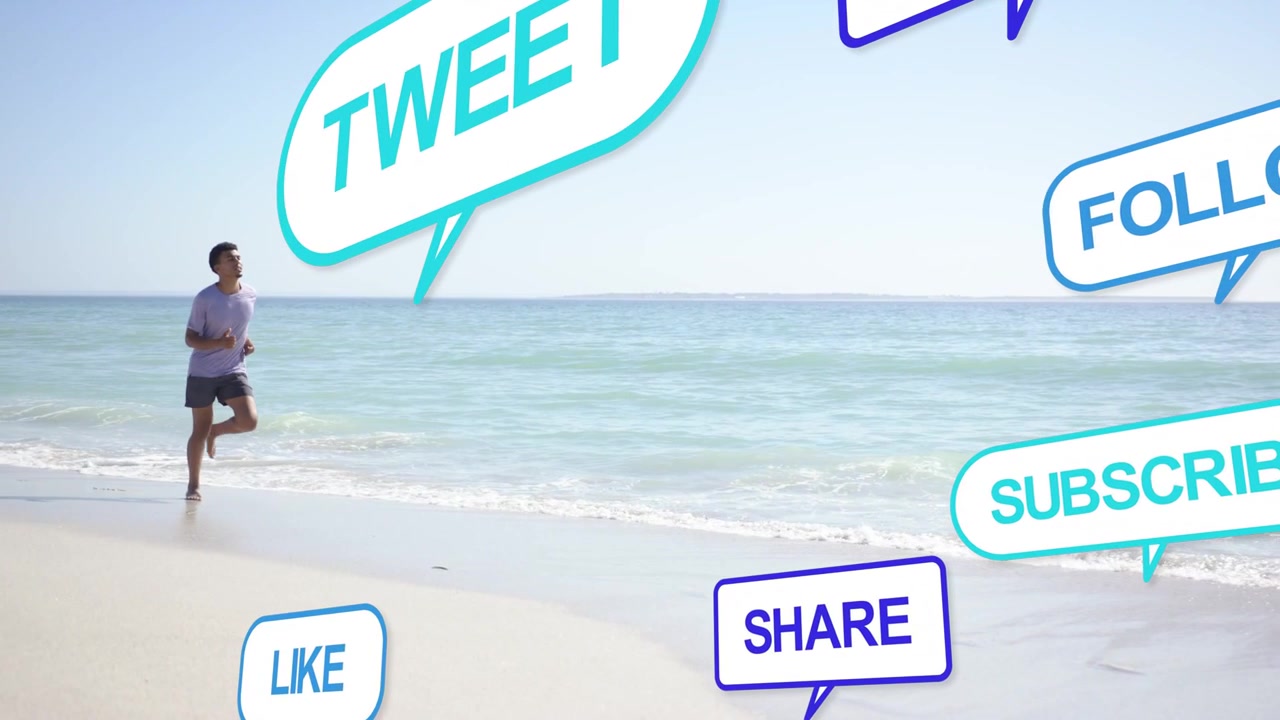 Uomo che fa jogging in spiaggia, con bolle di social media che salgono dal basso a destra vicino al corridore e che generano condivisioni.