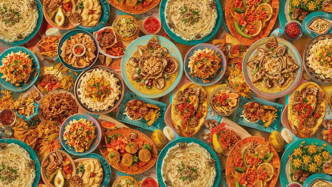 Cámara panorámica reencuadrando una toma cenital de mesa, mostrando platos turquesa, arroz y tacos con iluminación cálida