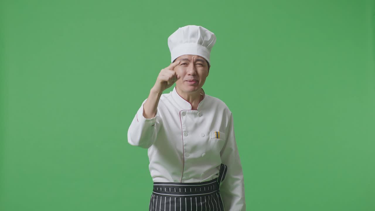Asian Man Chef Shouting To Camera While Standing In The Green Screen Background Studio