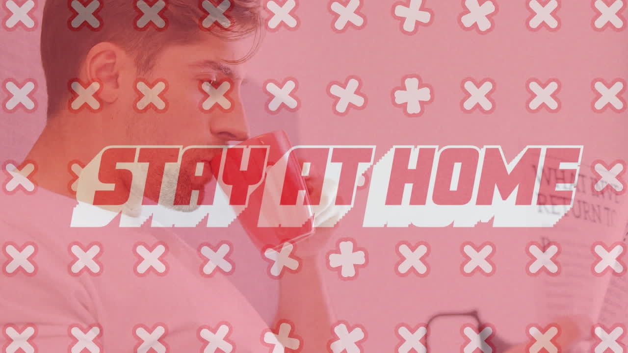 텍스트의 애니메이션 커피를 마시는 백인 남자를 가로지르는 십자가로 집에 머무르십시오