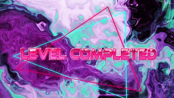 Animation of text level completed, in shiny pink, over swirling purple and blue background