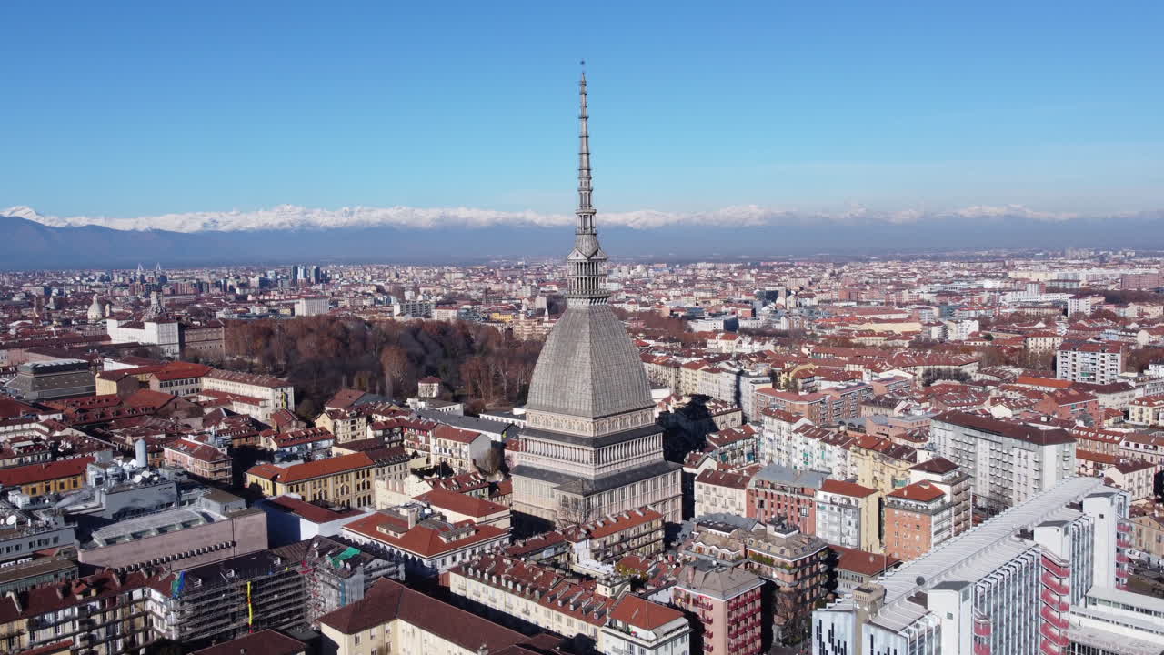 Mole Antonelliana Monumental Landmark in Sunny Turin Aerial Dolly Out