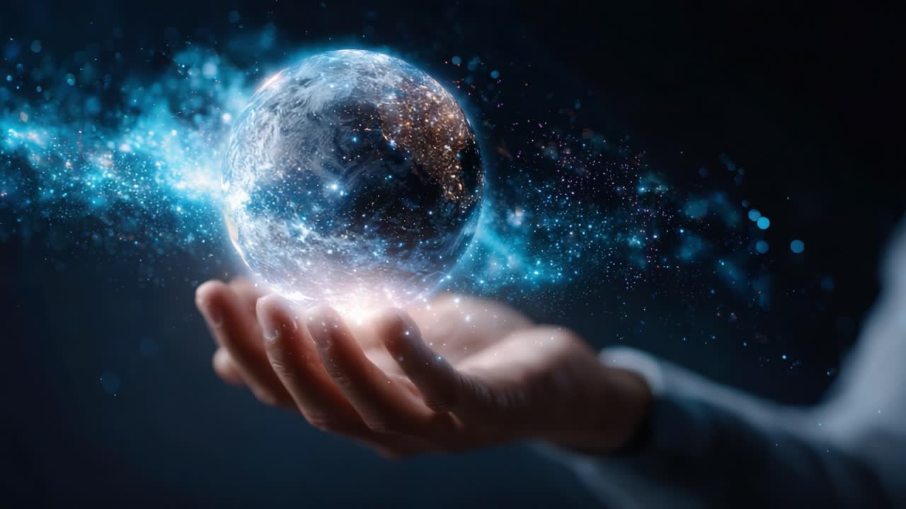 A Captivating Visual of Earth's Cosmic Beauty Held in a Hand, Illuminated by Glowing Stars and Dazzling Galaxy Effects, Exemplifying the Marvels of the Universe