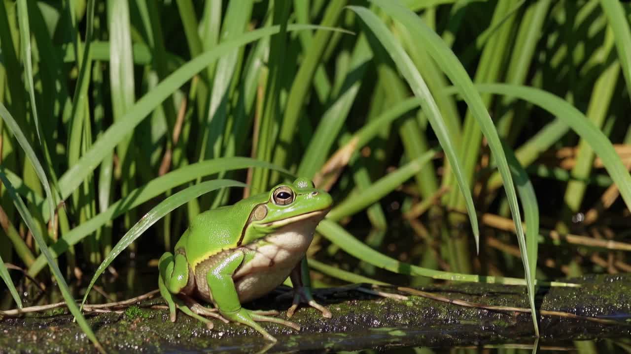 Close-upvideo van een groene kikker op een boomstam, omringd door gras, vastgelegd op ooghoogte