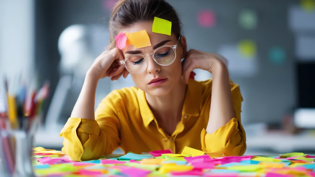 A woman in a bright yellow shirt sitting at a cluttered desk covered with colorful sticky notes, looking thoughtfully contemplative, reflecting on her tasks and challenges amidst a busy workspace