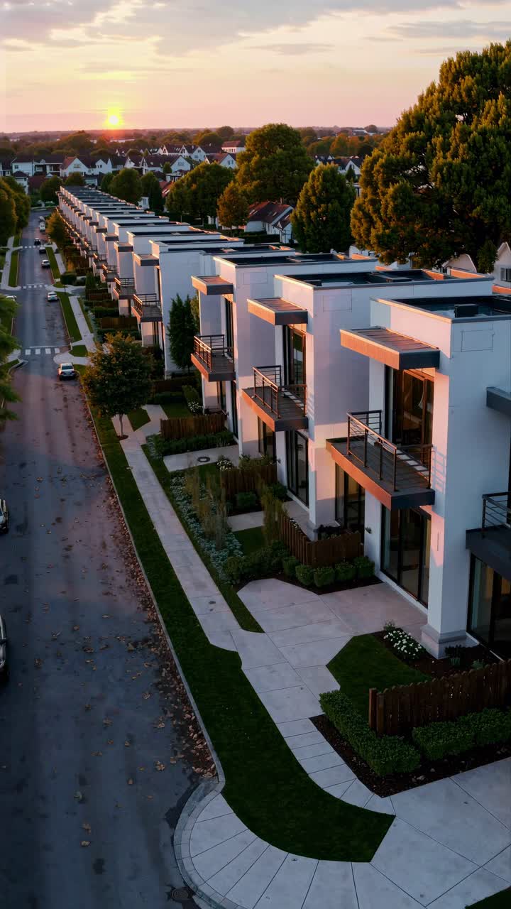 Aerial view of modern townhouses at sunset, showcasing sleek architecture and tree-lined streets