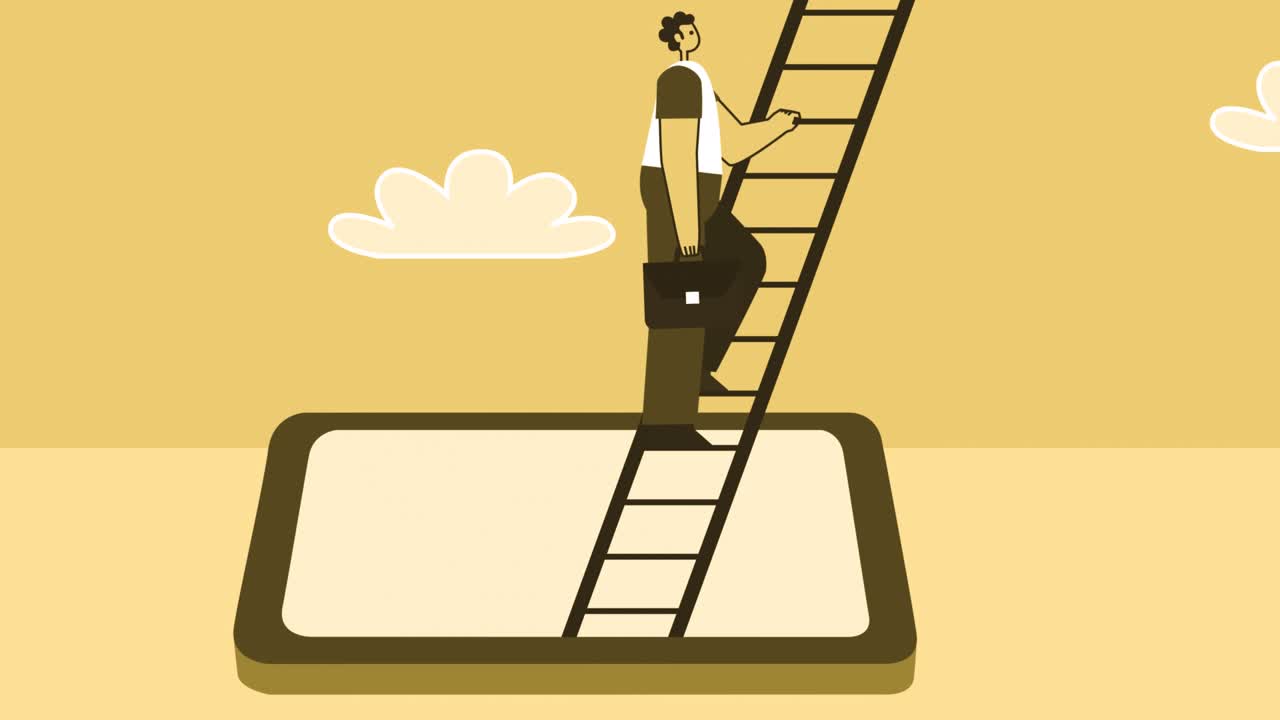 Yellow Style Man with Briefcase Flat Character Climb Up Ladder from Smartphone. Isolated Loop Animation with Alpha Channel