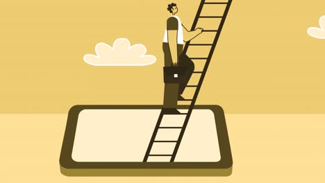 hombre de estilo amarillo con maletín personaje plano sube por la escalera desde el teléfono inteligente. animación de bucle aislado con canal alfa