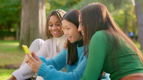 diverse friends laughing and reacting to smartphone content in a park