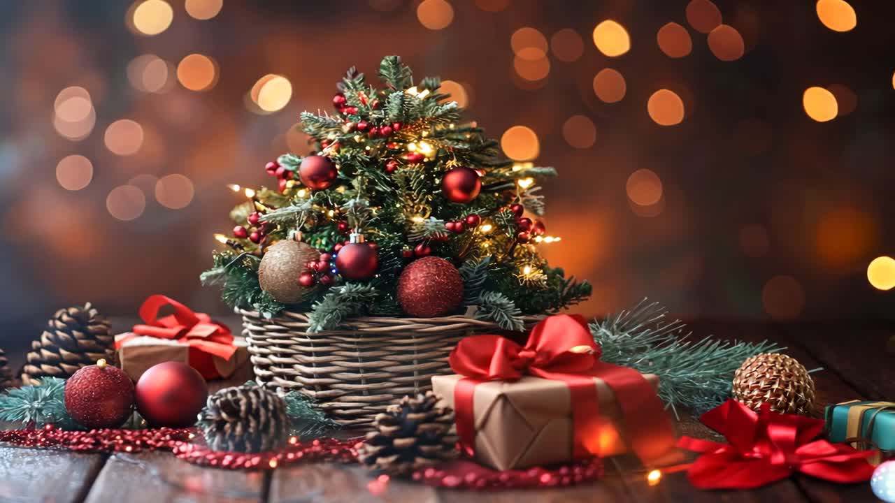 A Christmas tree with red and gold ornaments sits on a wooden table. The tree is surrounded by pine cones and presents, creating a festive and cozy atmosphere