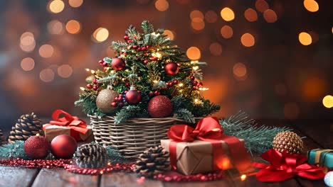 a christmas tree with red and gold ornaments sits on a wooden table. the tree is surrounded by pine cones and presents, creating a festive and cozy atmosphere