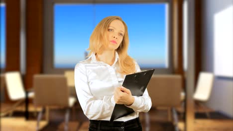 4k, business woman writes information. isolated on a background. mockup . chromakey