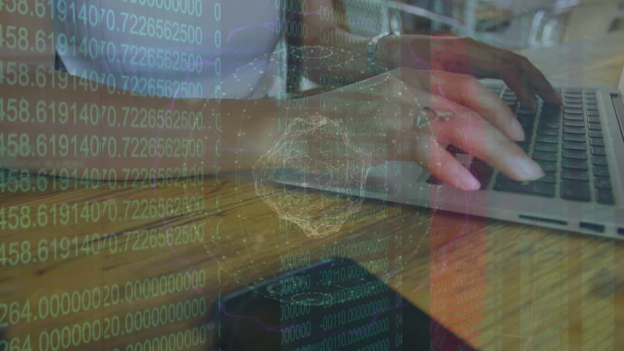 Animation of globe of network of connections over mid section of woman using laptop