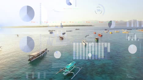 boats floating on clear water with data processing animation overlay