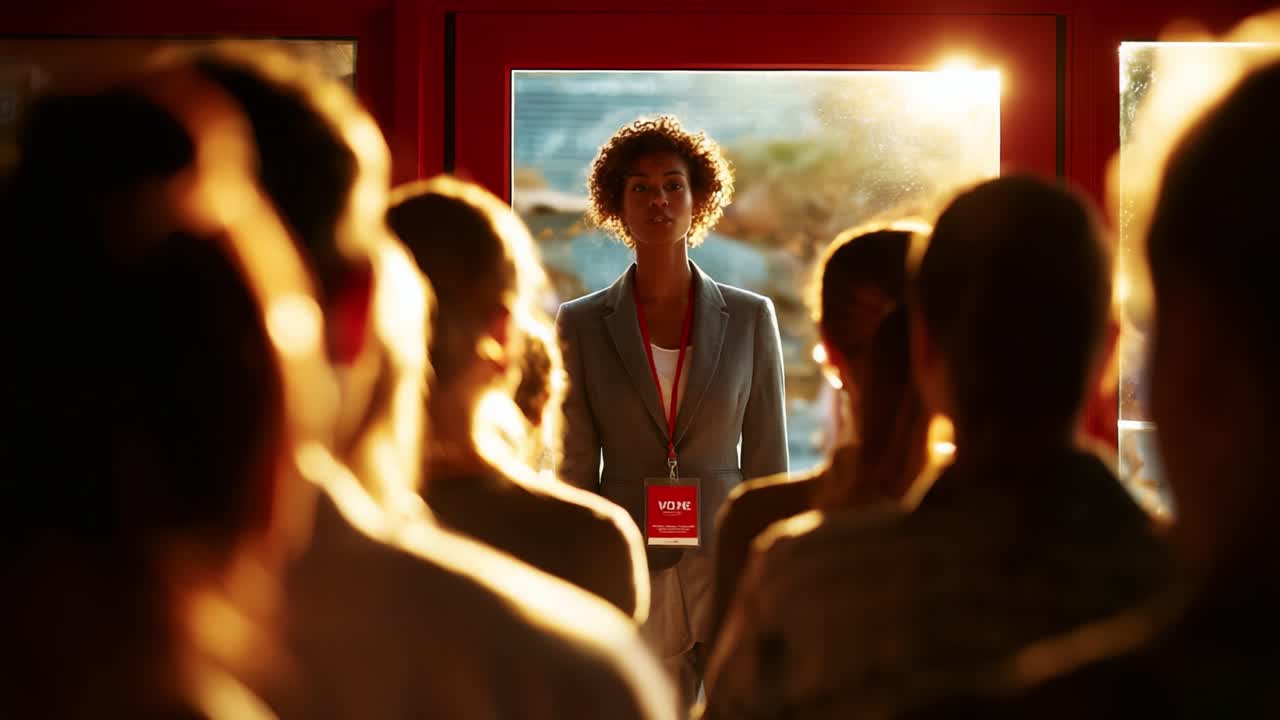 A Confident Speaker Captivates the Audience: Illuminated Portrait of an Inspiring Female Leader Addressing Enthusiastic Listeners in a Warmly Lit Room