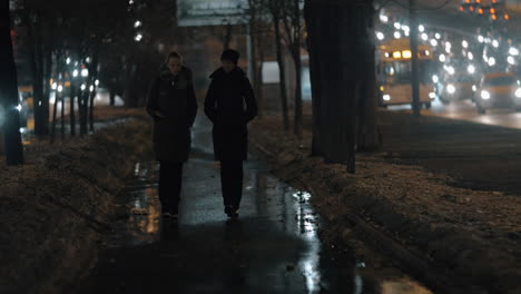 mujeres paseando por la ciudad de invierno por la noche