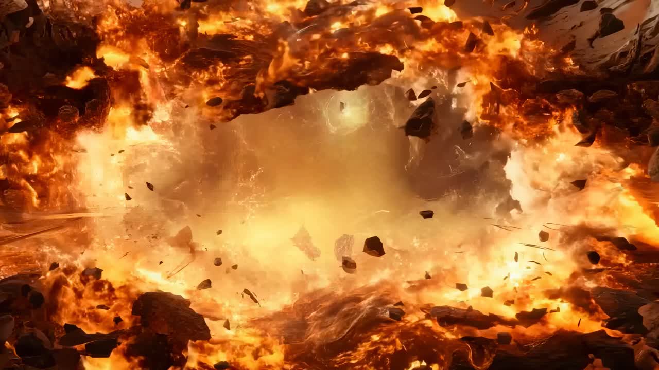Dynamische Draufsicht einer feurigen Explosion mit Trümmern, die einen dramatischen und intensiven Moment einfängt
