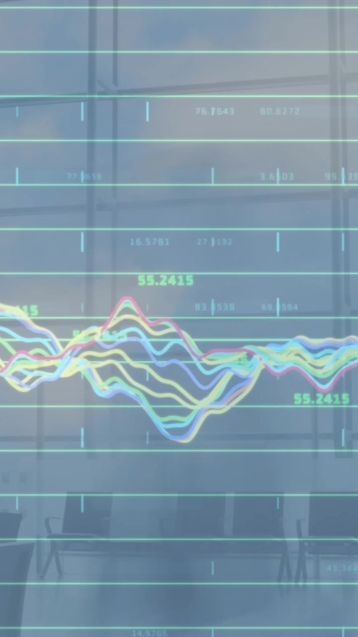 Animation of financial data and graphs over city buildings