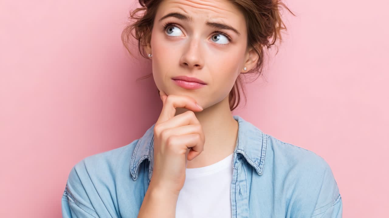 Pondering Thoughts: A Young Woman Contemplates in a Playful Expression Against a Light Pink Background, Capturing the Essence of Curiosity and Reflection