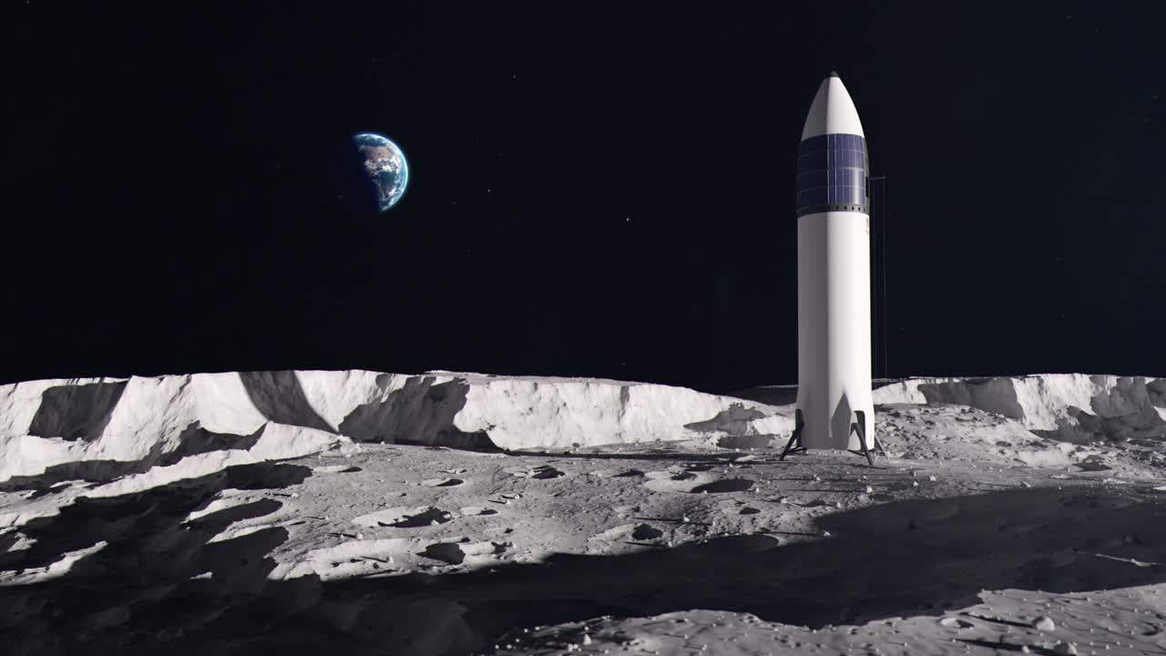 Plano de estabelecimento próximo de um foguete espacial na superfície da Lua com a Terra ao fundo.