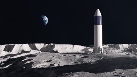 una toma cercana de un cohete espacial en la superficie de la luna con la tierra en el fondo
