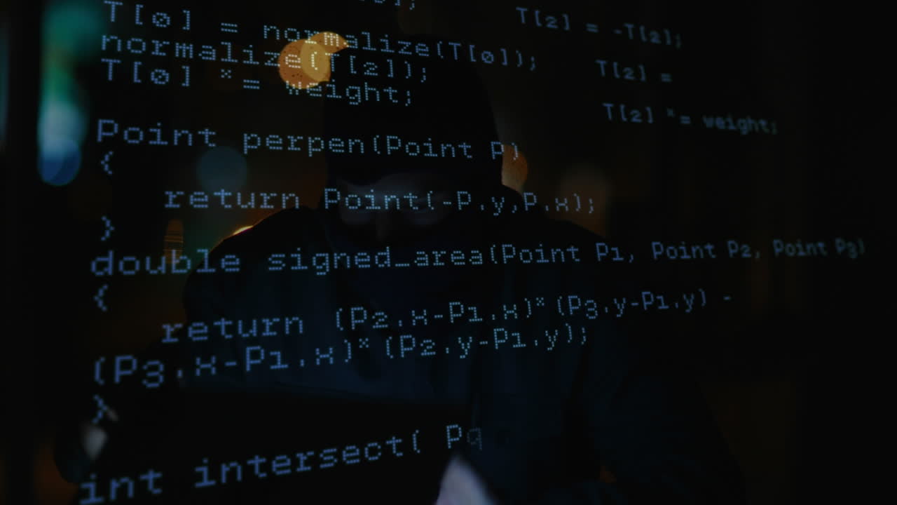 Animation of data processing over caucasian male computer hacker in balaclava using laptop