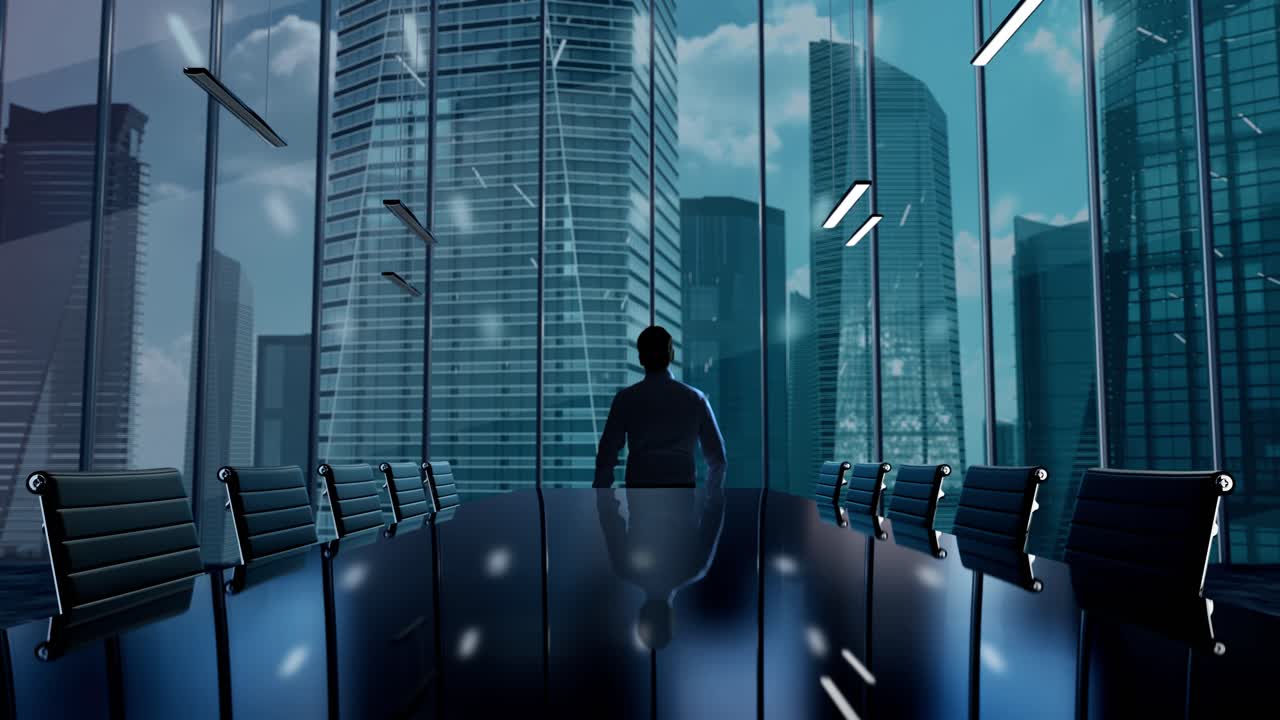 Il futuro del Web 5. Uomo d'affari che lavora in ufficio tra i grattacieli. Concetto olografico.