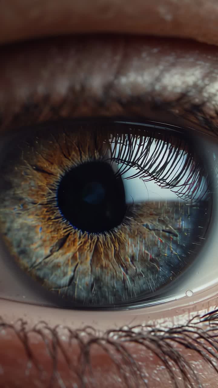 Vertical video: Showing hazel iris blinking from rectangular light, revealing pupil, lashes, tear