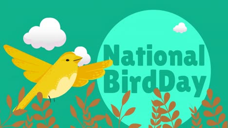 animation of national bird day text with bird and flower icons on green background