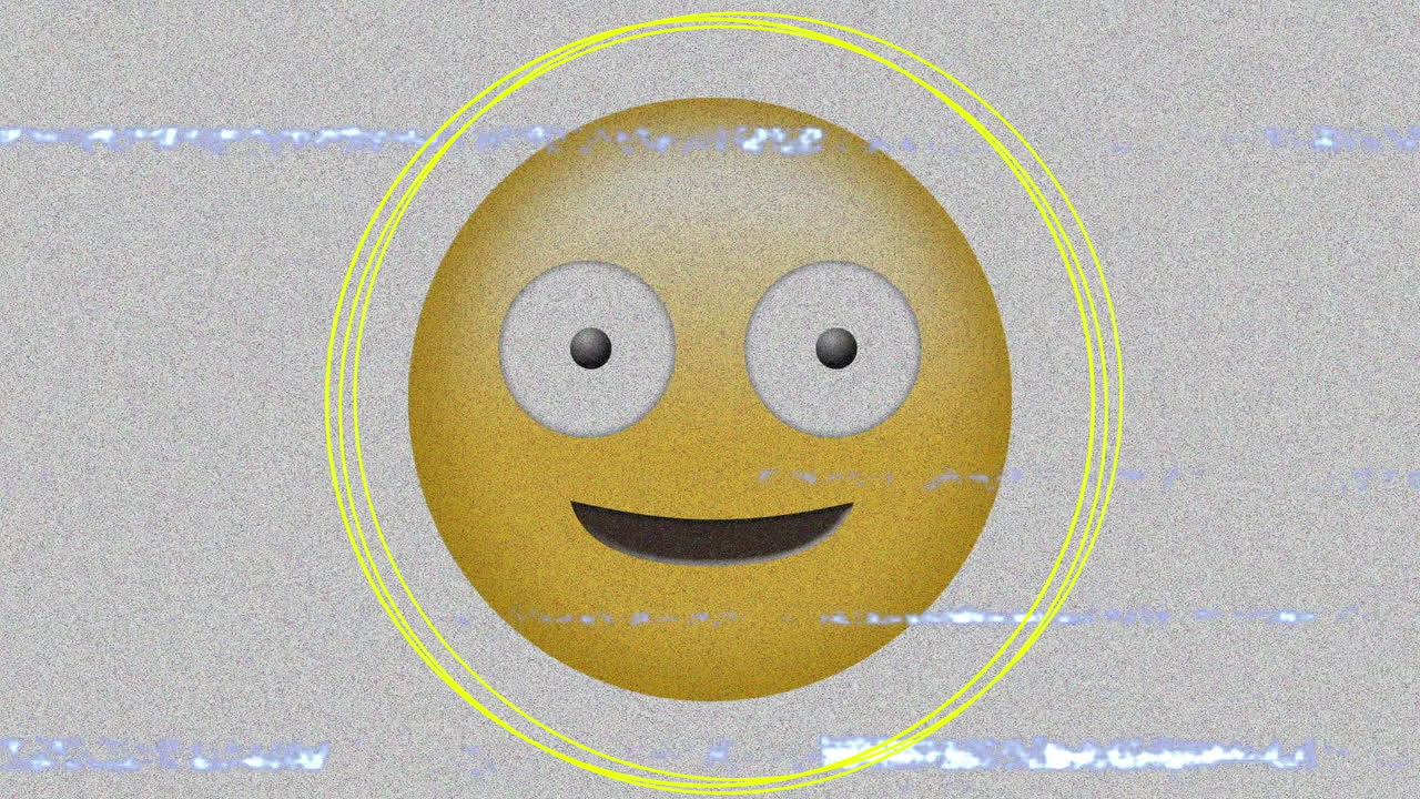 추상적인 모양과 tv 정적 효과가 회색 배경에 대한 어리석은 얼굴 이모티콘 위에