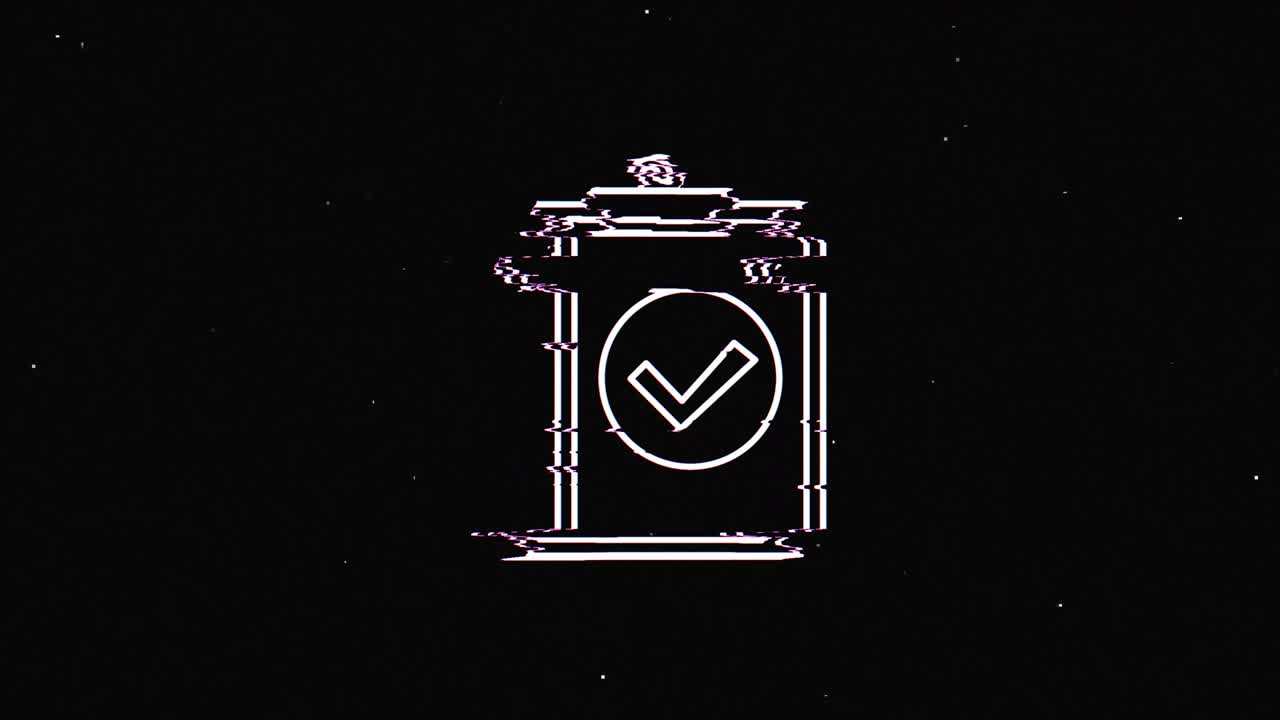 Line clipboard check mark hud holographic symbol on digital old tv screen seamless loop glitch animation. Hearts. Dynamic retro and joyful. Colorful and vintage video footage.