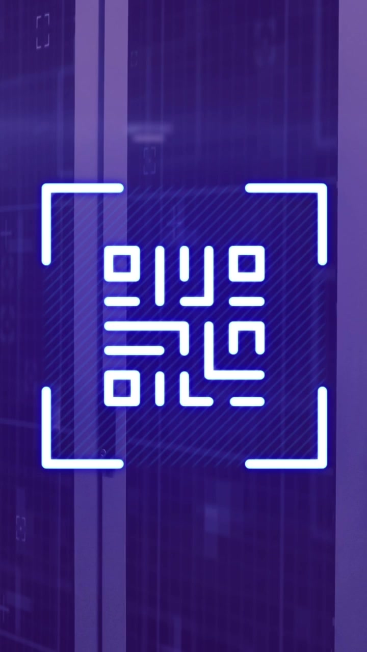Animation of neon qr code over server room in violet