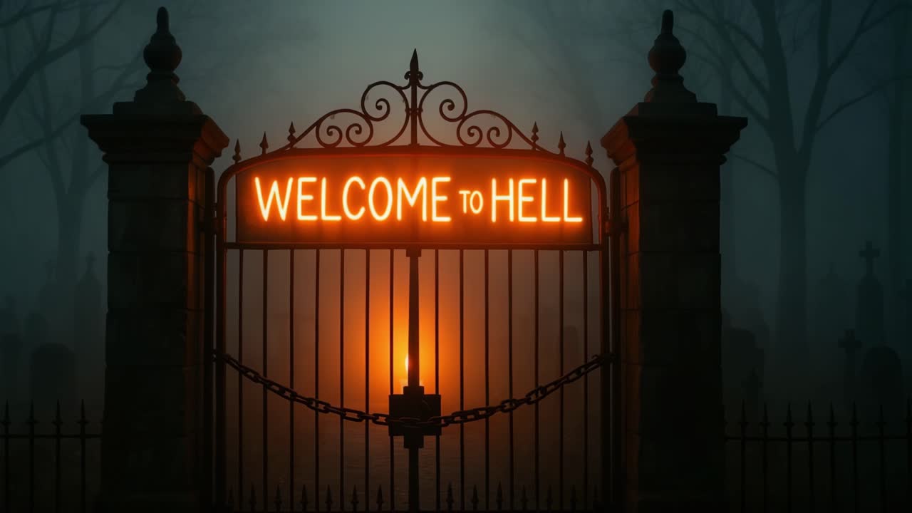 Eerie illuminated gate with "Welcome to Hell" sign in foggy graveyard atmosphere
