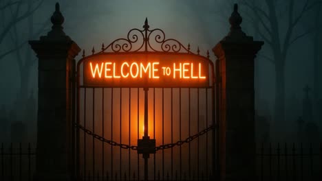 eerie illuminated gate with "welcome to hell" sign in foggy graveyard atmosphere