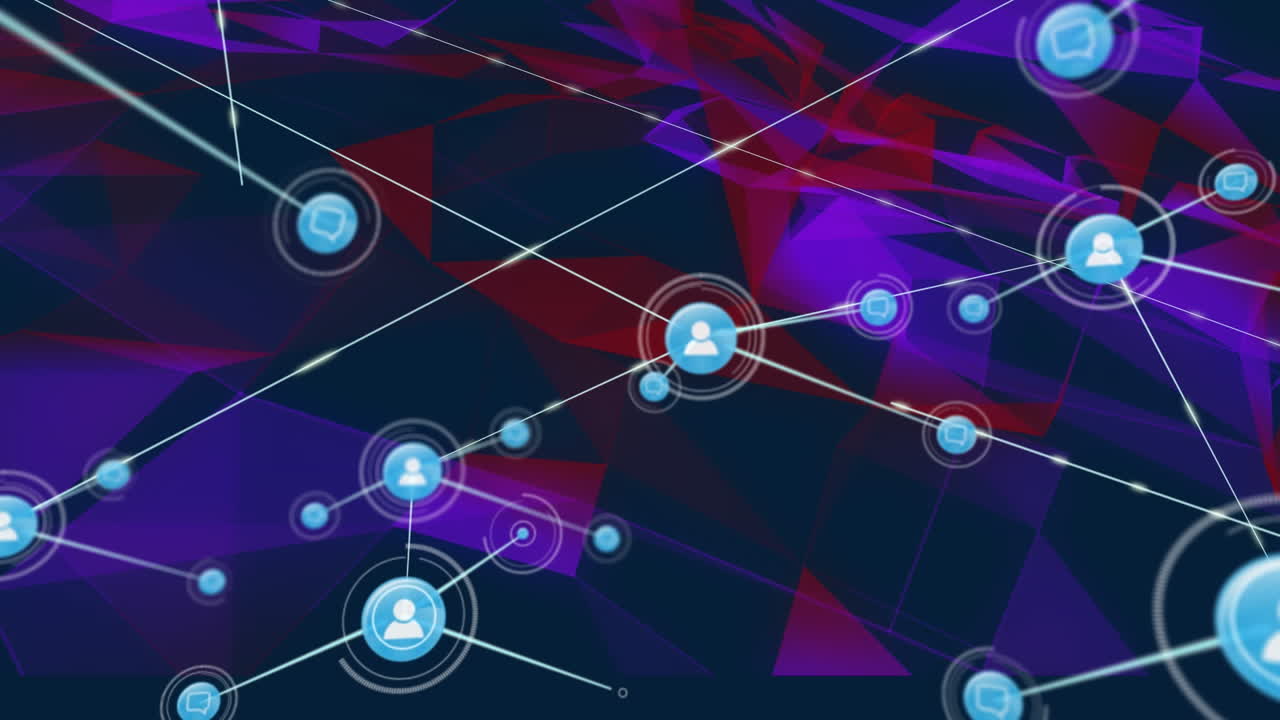 animación de la red de conexiones con las personas iconos sobre senderos de luz púrpura brillante