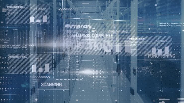 Animation of digital interface with data processing against computer server room