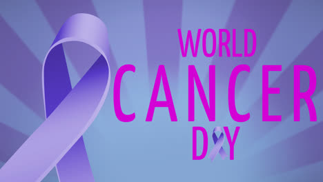 animation of world cancer day text and blue ribbon on blue background