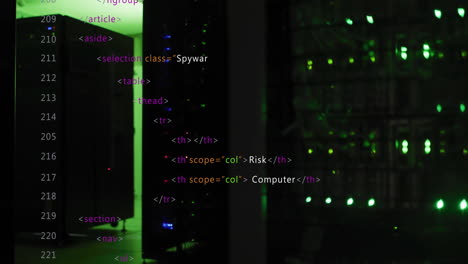 animación de código informático sobre la sala del servidor con luces verdes