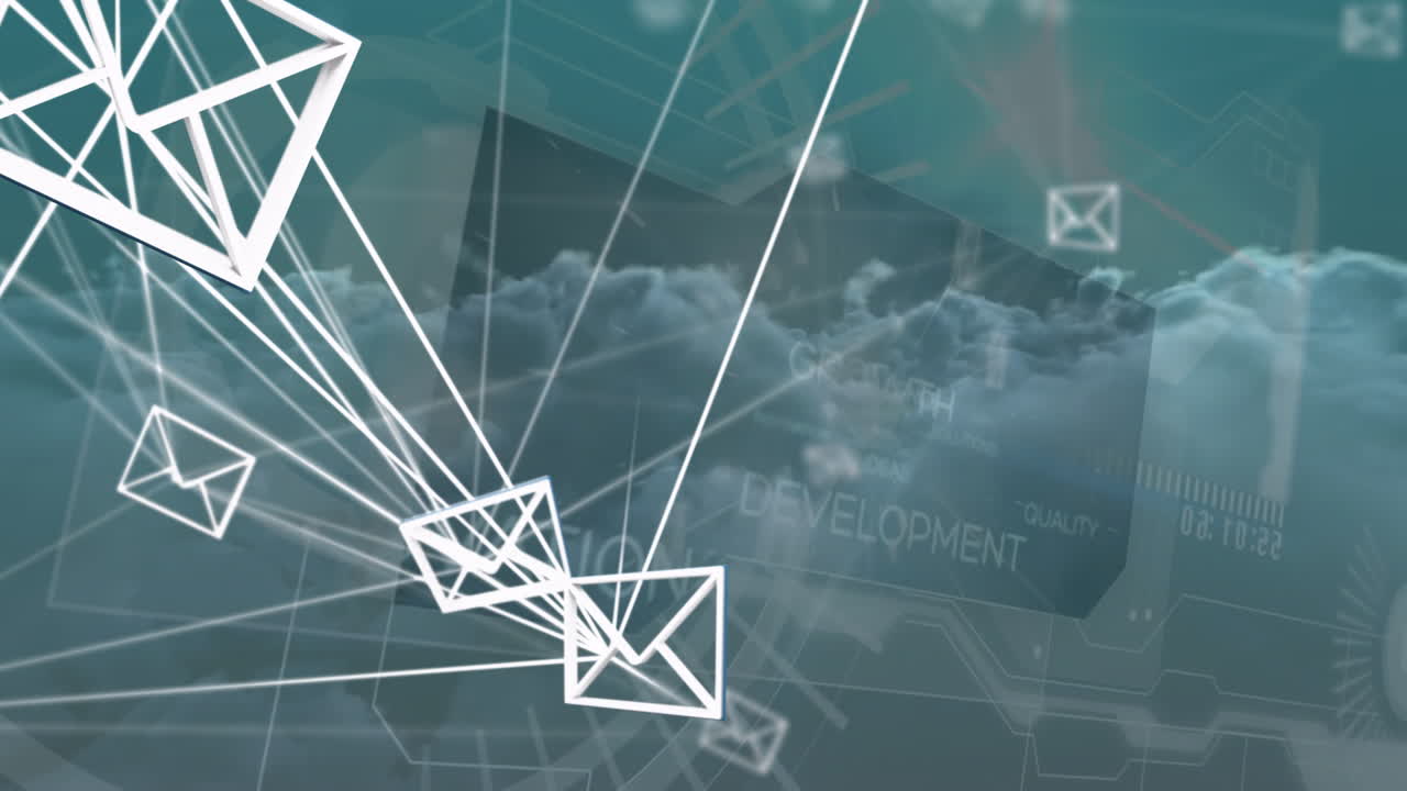 Geometric shapes and professional text animation over cloudy sky background